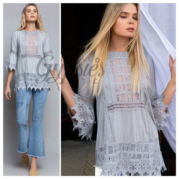 POL Windowpane Lace Tunic Top - Picture 11 of 14